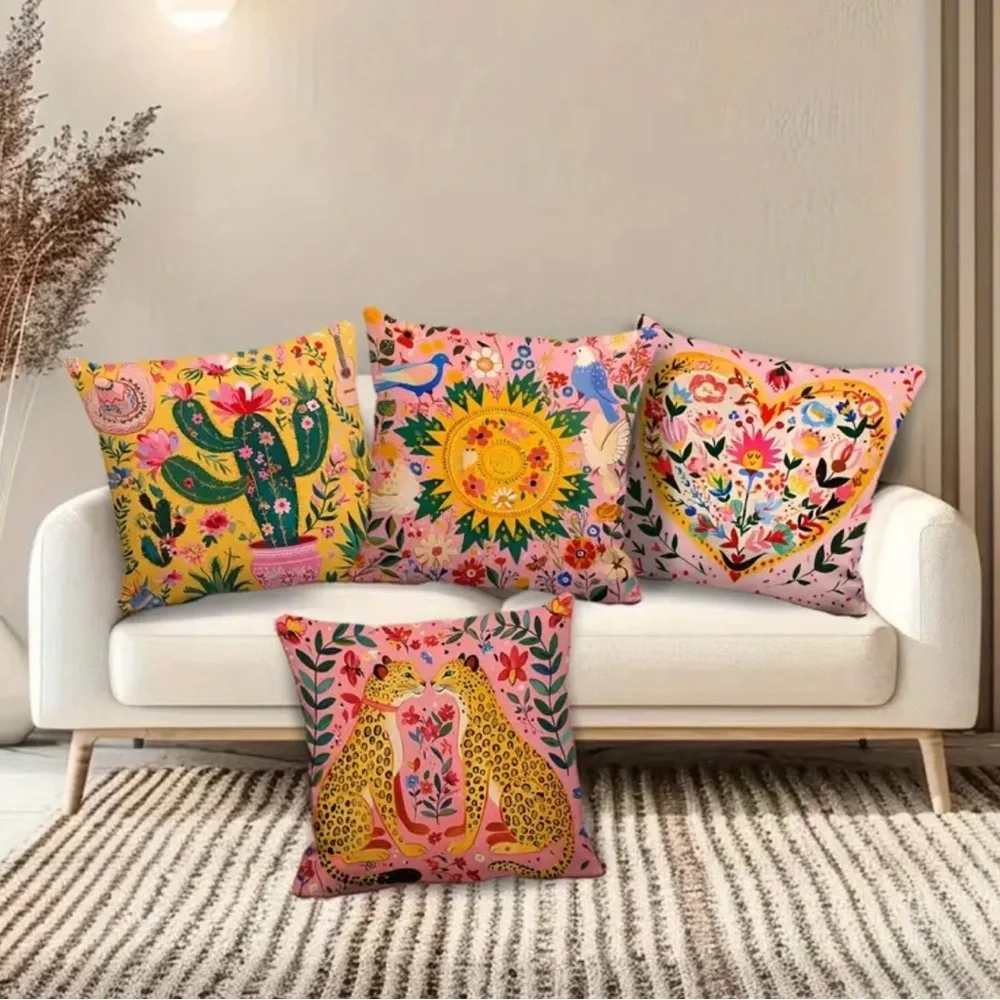 Boho Folk Art Pillow Covers Set of 4 Pink Leopard Floral Cactus 16x16